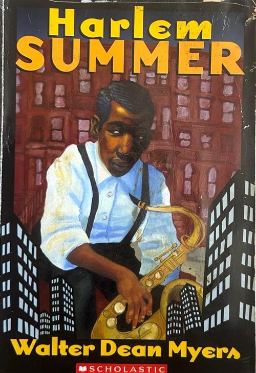 The cover of the book Harlem Summer that has a picture of a young man holding a saxaphone.